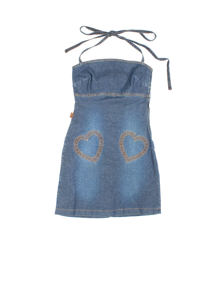 Y2K Moschino denim tie-up halter neck mini dress in blue with embroidered hearts on the front and a side zip.