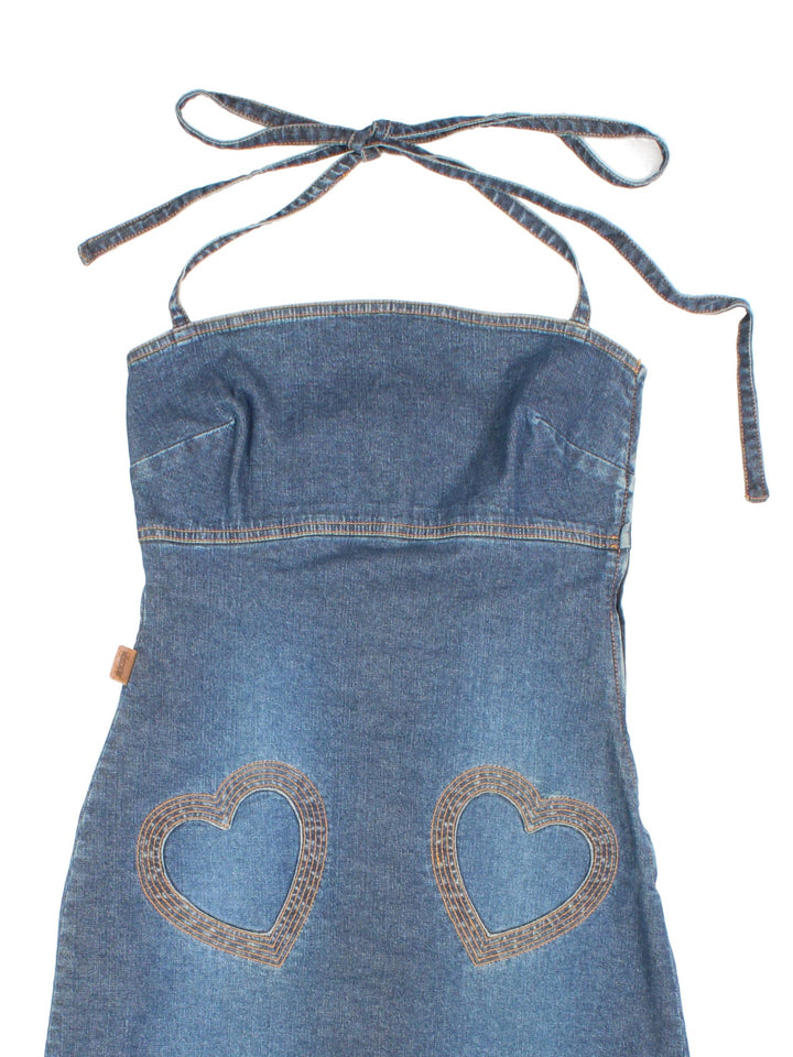 Y2K Moschino denim tie-up halter neck mini dress in blue with embroidered hearts on the front and a side zip.