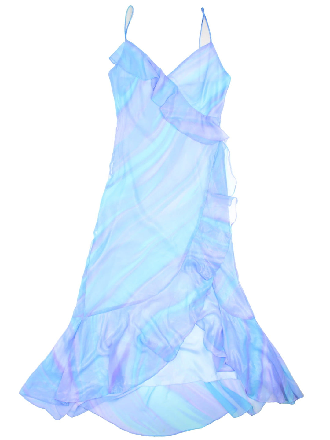 Y2K strappy maxi dress in a purple, pink, and blue ombre print with frill detailing and an asymmetrical hem by Maria Bonita.