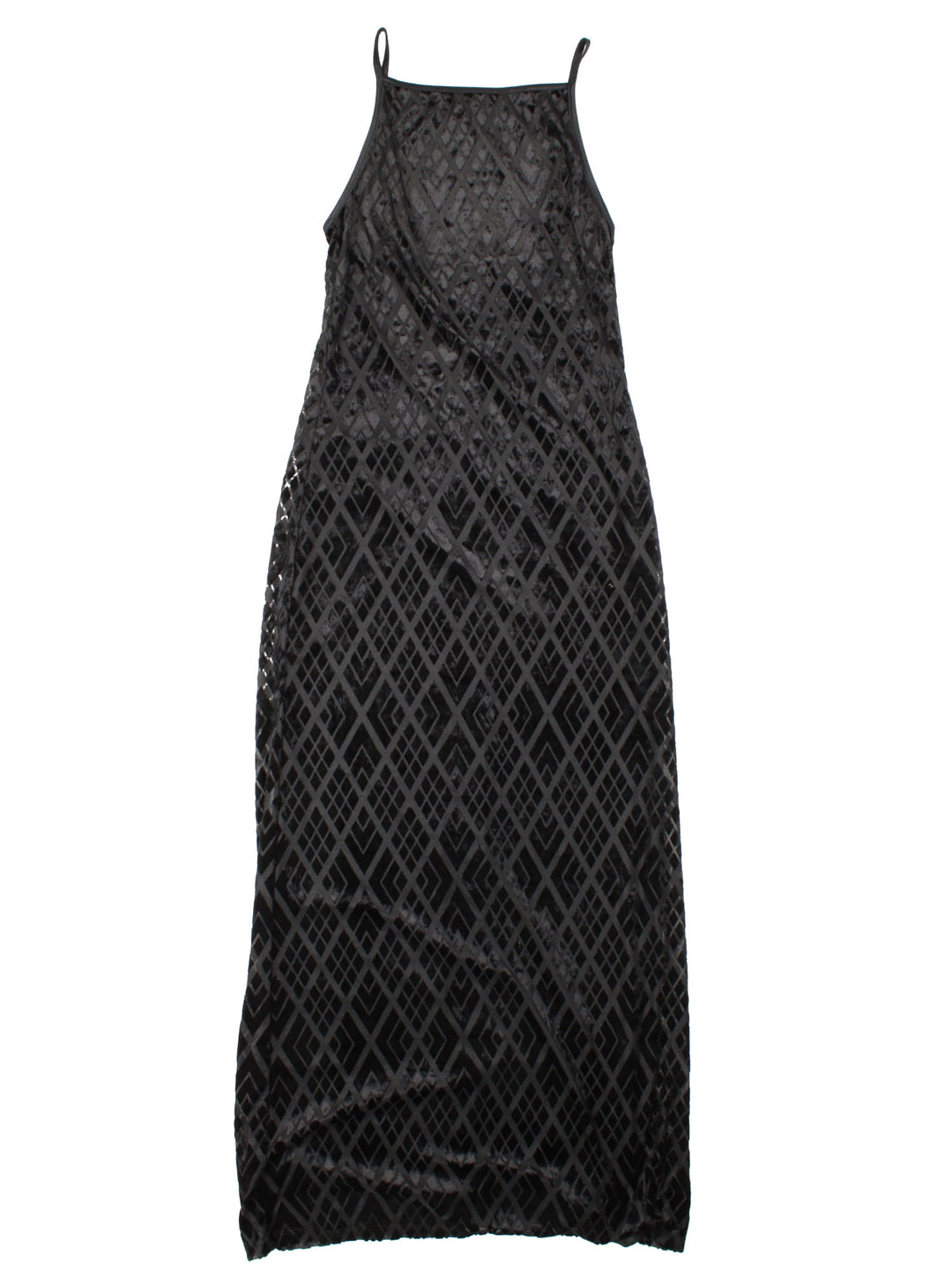 Y2K velvet slip dress in black with a geometric diamond pattern and open back by Bebe Moda.