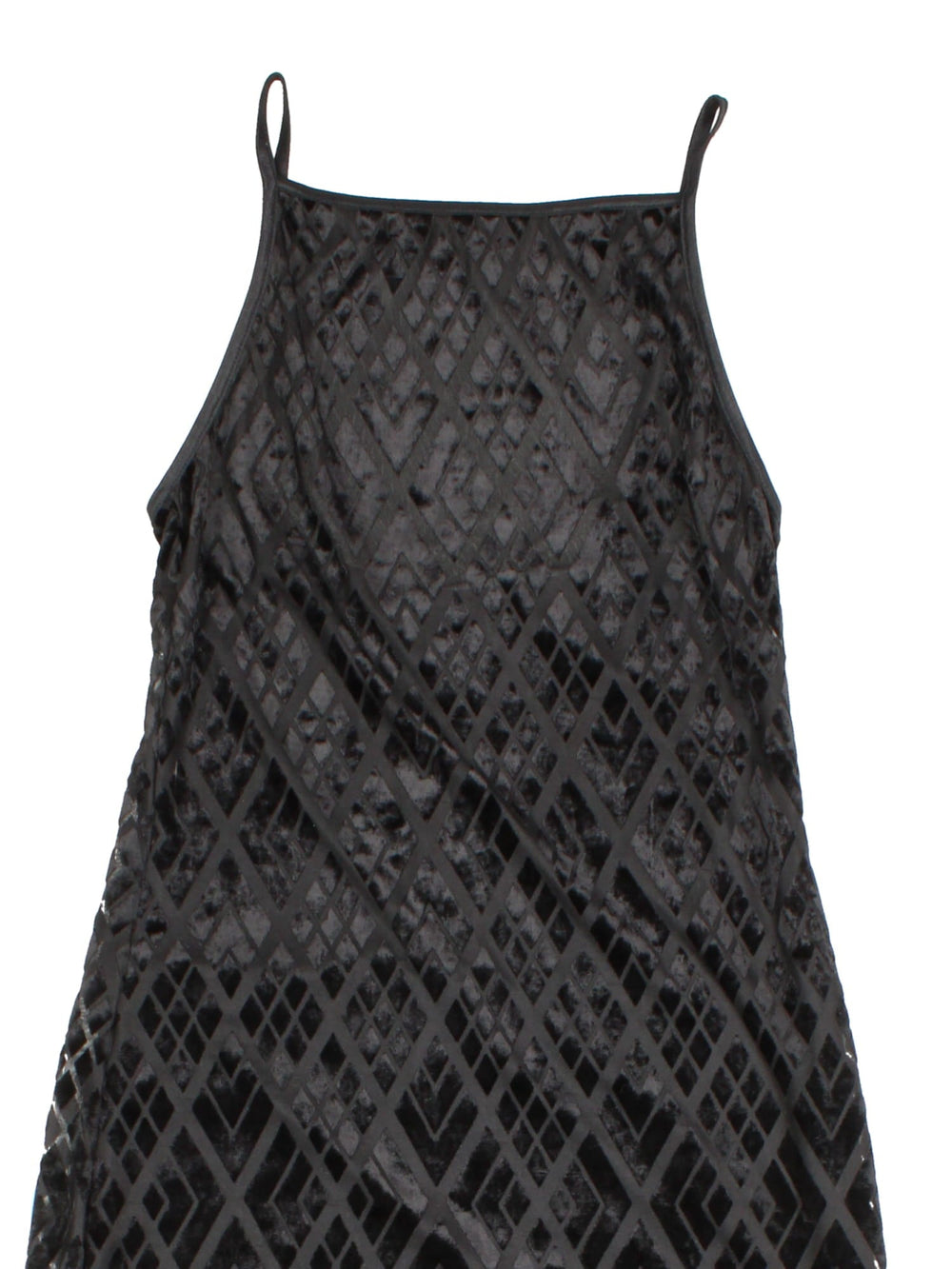 Y2K velvet slip dress in black with a geometric diamond pattern and open back by Bebe Moda.