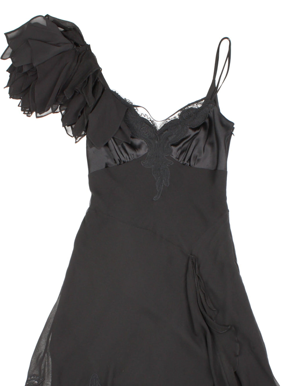 Y2K Karen Millen silk strappy midi dress in black with lace detailing around the bust and asymmetrical hem, and a large applique flower at the shoulder.