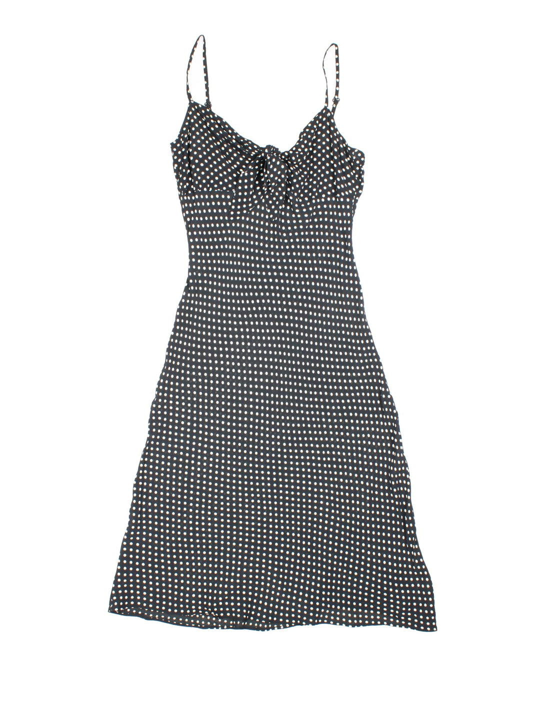 Y2K polka dot midi dress in black and white with adjustable straps and a tie-up front by Bay.