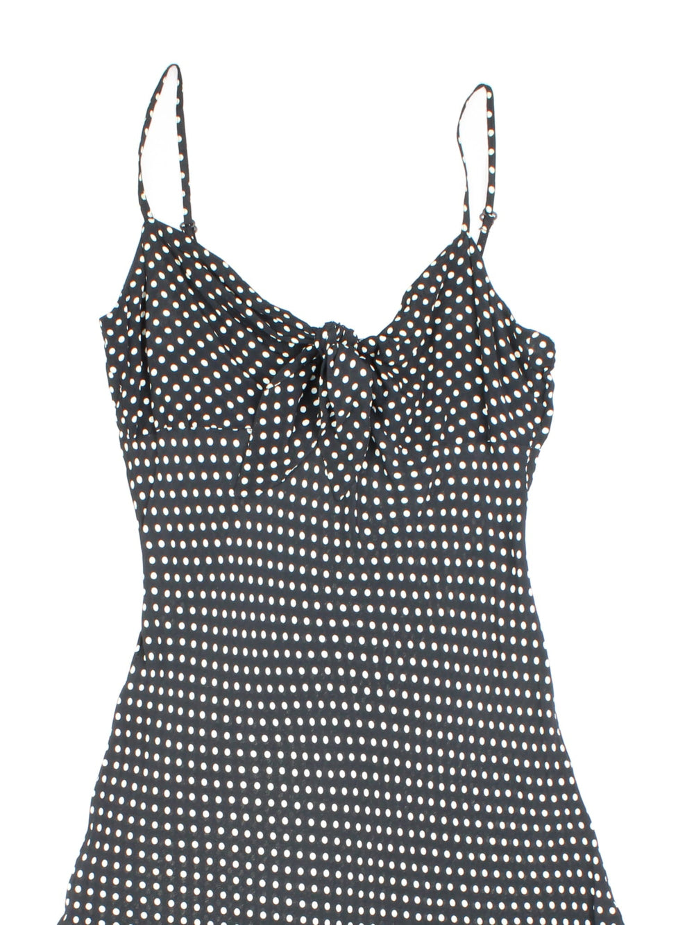 Y2K polka dot midi dress in black and white with adjustable straps and a tie-up front by Bay.