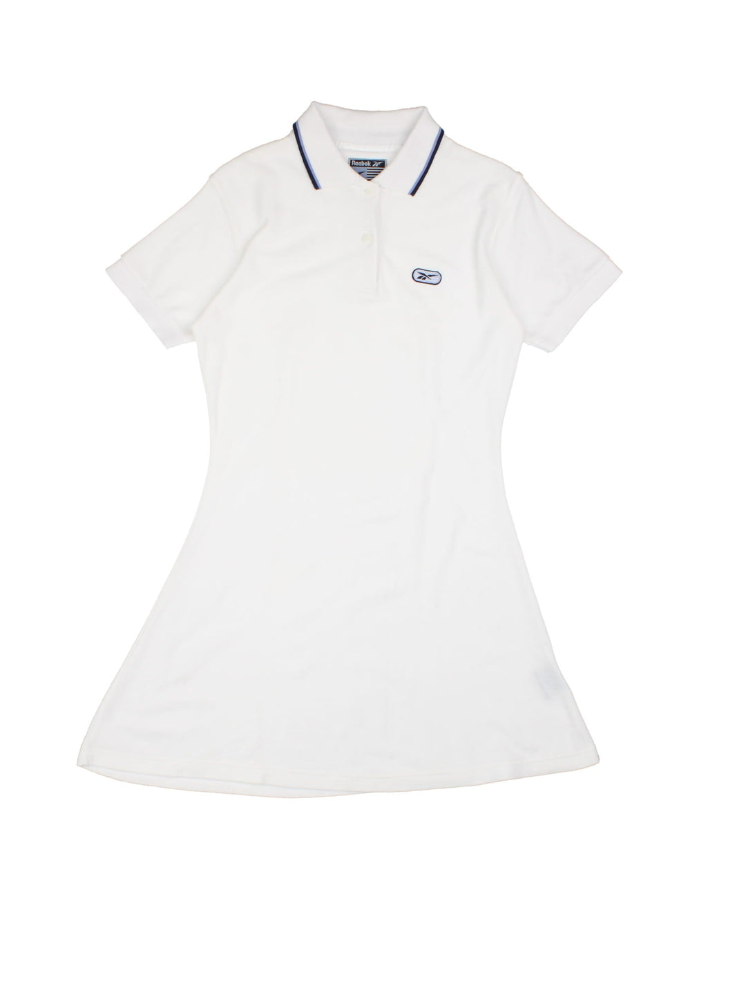 Y2K Reebok polo mini dress in white with blue stripe detailing at the collar, two buttons at the neck, and embroidered logos on the chest and back.