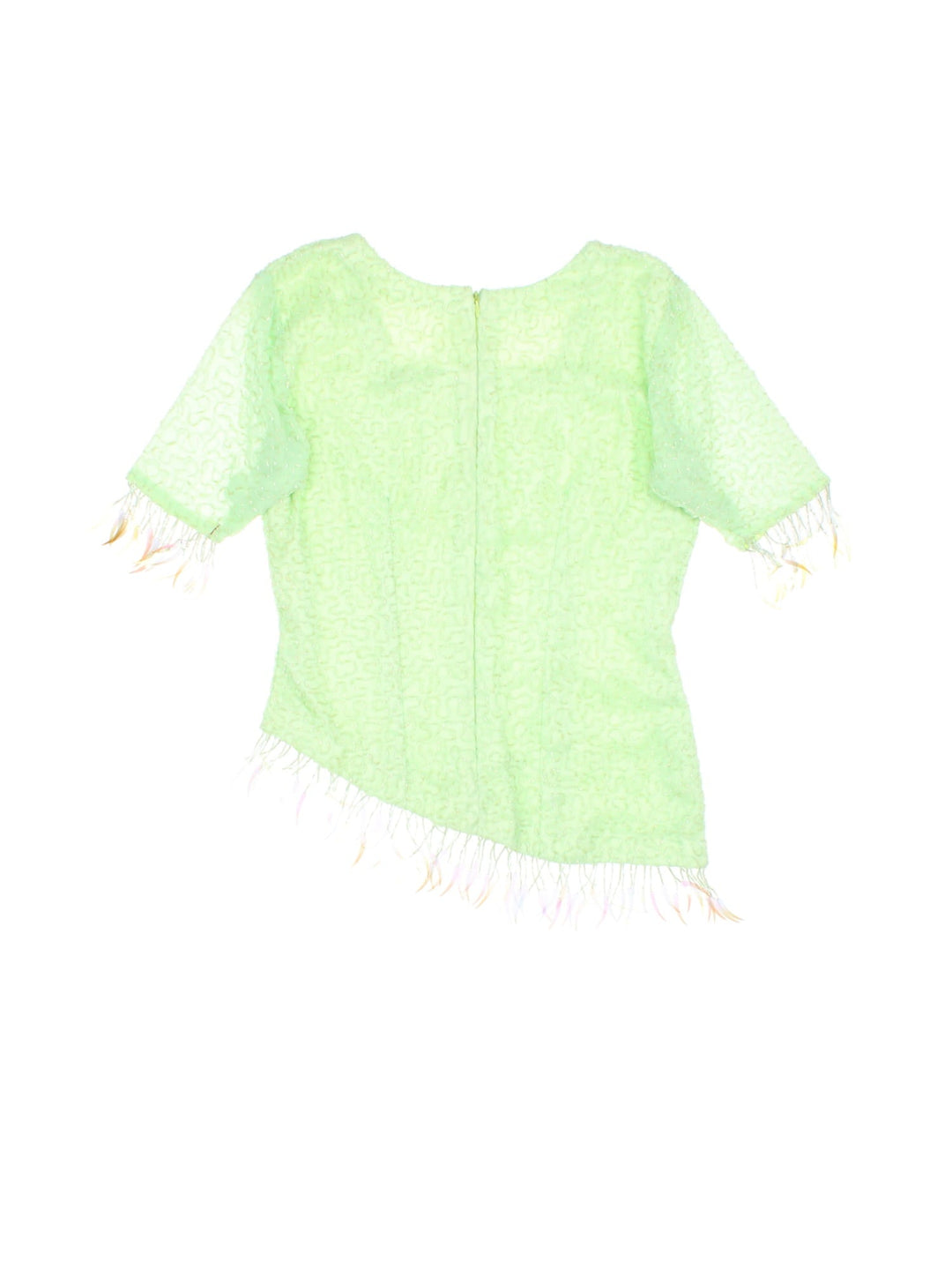 Y2K beaded top in pale green with an asymmetrical hem, beading throughout and zip closure.