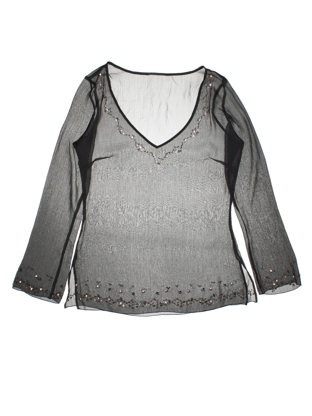 Y2K sheer top in black with bead and sequin detailing around the hem, collar, and cuffs.