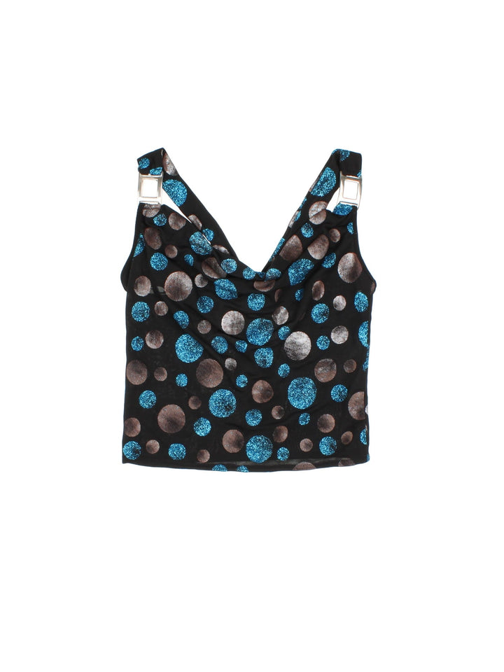 Y2K cowl neck top in black with blue and silver metallic polka dots, and buckle decals on the straps.