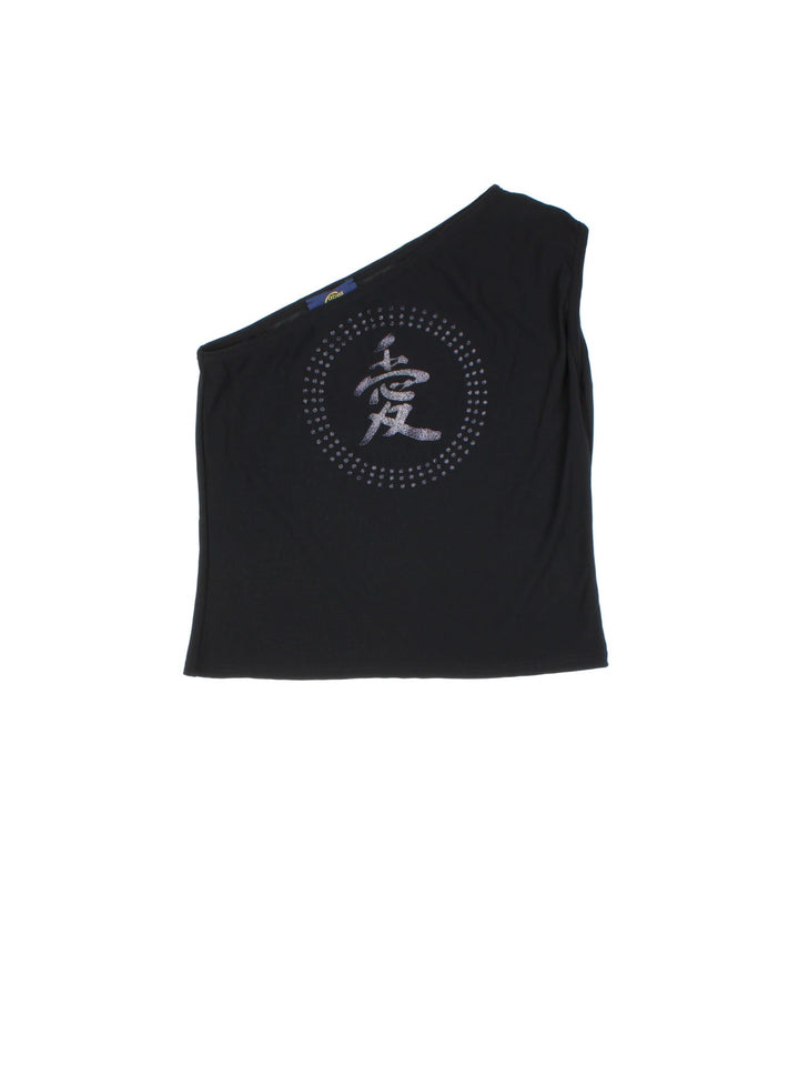 Y2K stretchy one-shoulder top in black with glittery printed detailing on the front.