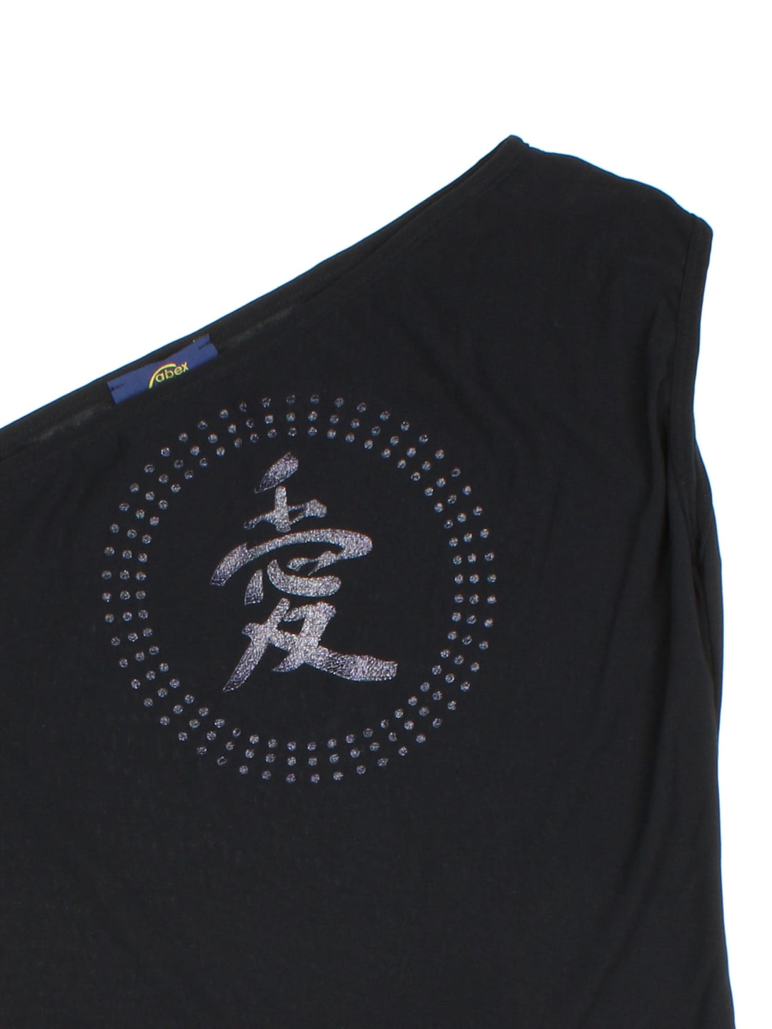 Y2K stretchy one-shoulder top in black with glittery printed detailing on the front.