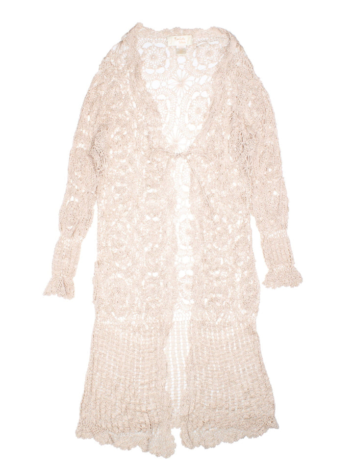 Y2K crochet cardigan/shawl in tan with tie-front closure from Kroshetta by Papillon.