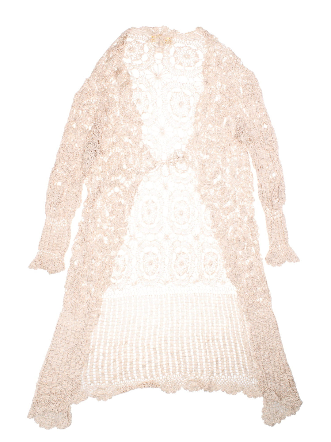 Y2K crochet cardigan/shawl in tan with tie-front closure from Kroshetta by Papillon.