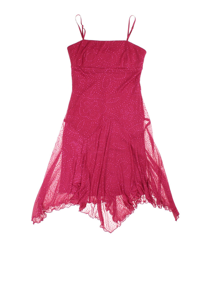 Y2K fit and flare midi dress in pink with glittery dot detailing and adjustable straps.