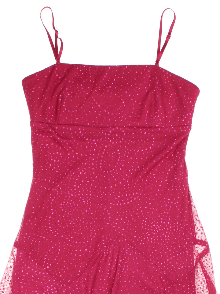 Y2K fit and flare midi dress in pink with glittery dot detailing and adjustable straps.