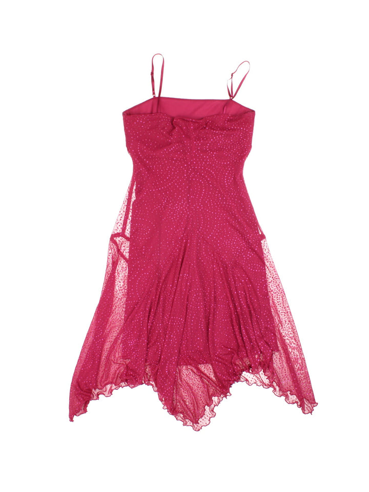 Y2K fit and flare midi dress in pink with glittery dot detailing and adjustable straps.