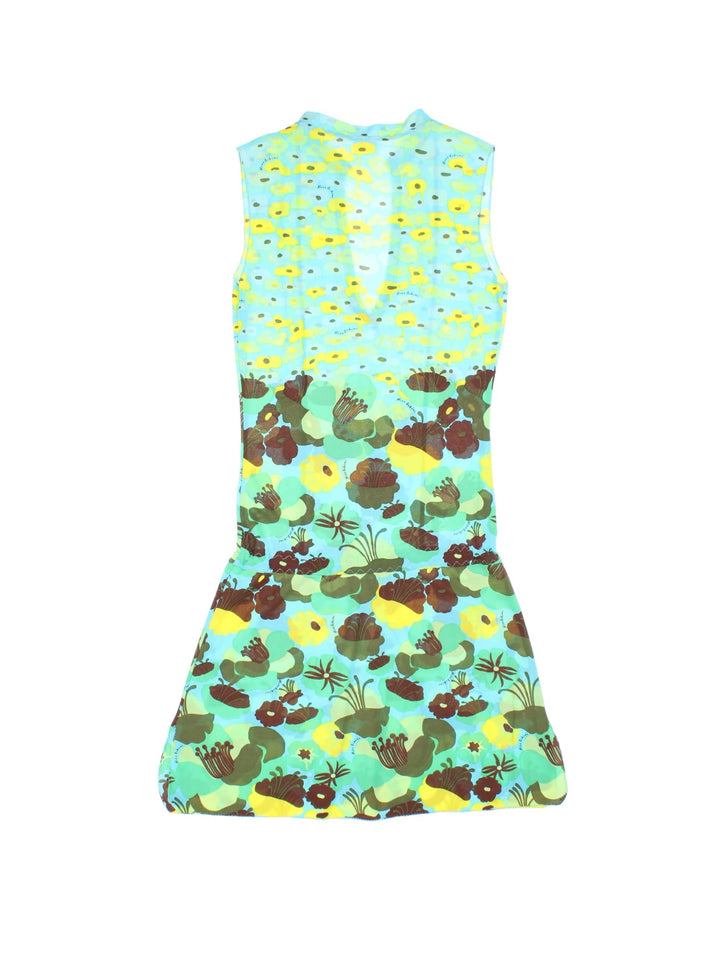 Y2K Miss Bikini mini dress/ beach cover-up in a blue, green and yellow floral print with a drawstring waist.