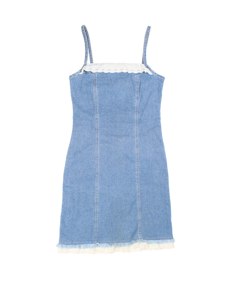 Y2K denim midi dress in blue with white broderie anglaise trim and zip closure by Snash Jeans.