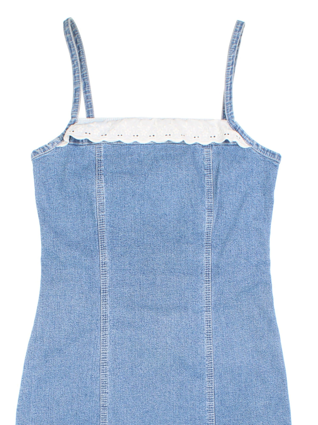 Y2K denim midi dress in blue with white broderie anglaise trim and zip closure by Snash Jeans.