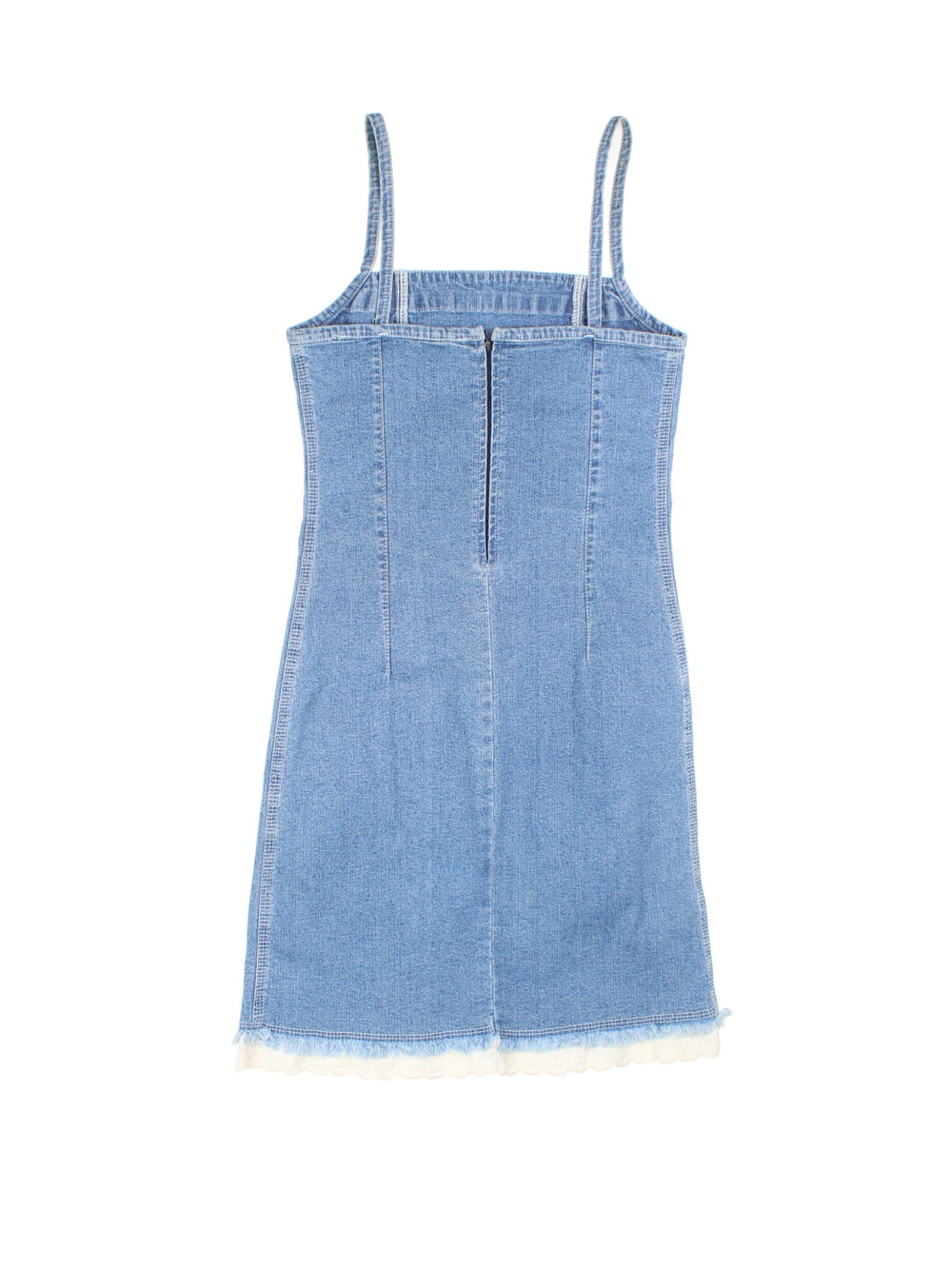 Y2K denim midi dress in blue with white broderie anglaise trim and zip closure by Snash Jeans.