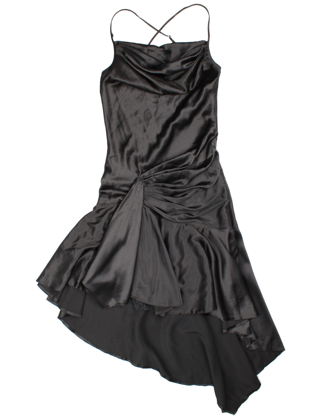 Y2K ruched cowl neck evening dress in black with adjustable crossed straps, an asymmetrical hem, and zip closure by Celo.