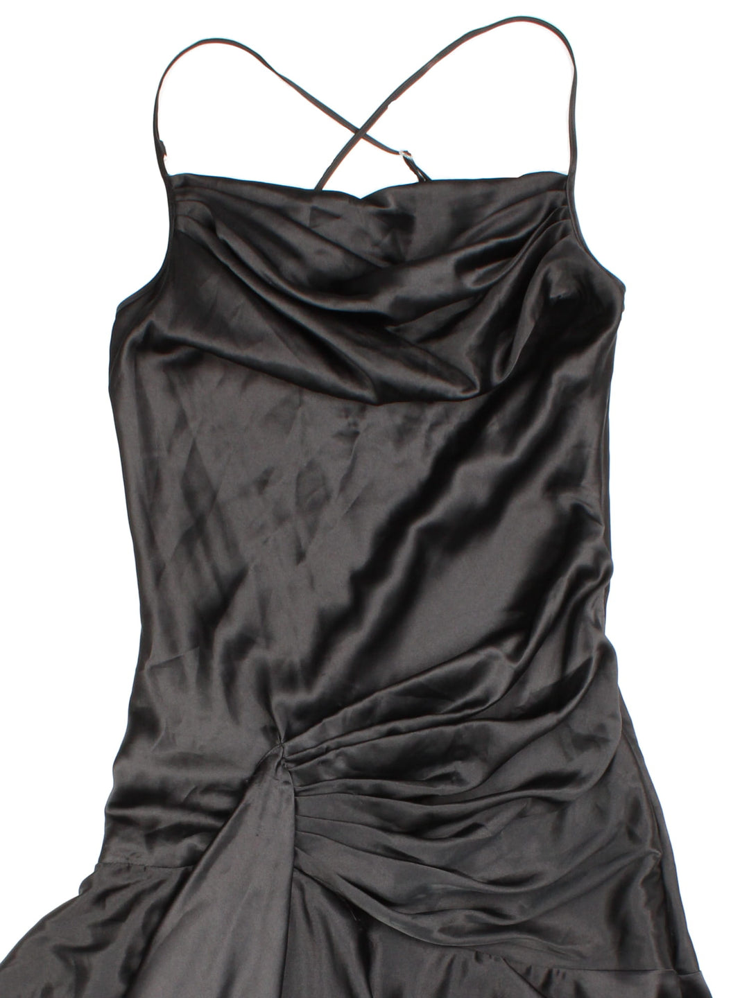 Y2K ruched cowl neck evening dress in black with adjustable crossed straps, an asymmetrical hem, and zip closure by Celo.