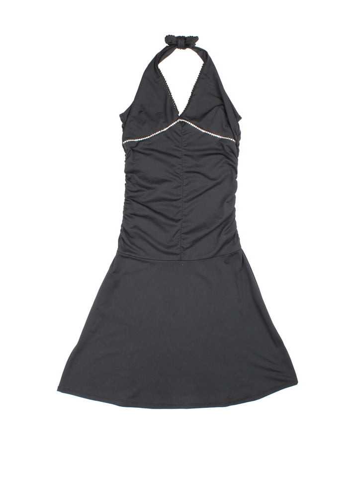 Y2K halter neck dress in black with diamante detailing across the bust by Speccio Side Woman.