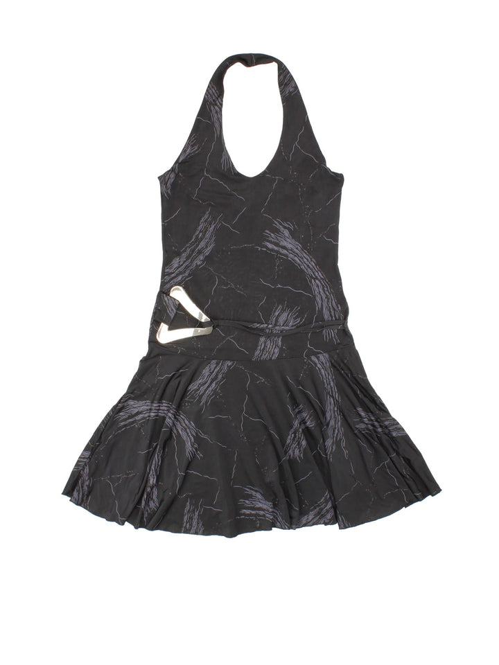 Y2K halter neck mini dress in black with abstract glittery squiggle detailing and an attached belt with large silver buckle by Blind Date.