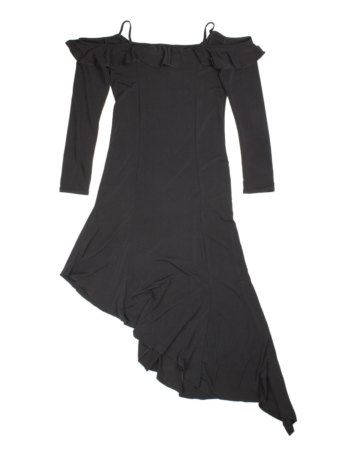 Y2K maxi dress in black with ruffle detailing, a small bow in the front, and an asymmetrical hem.