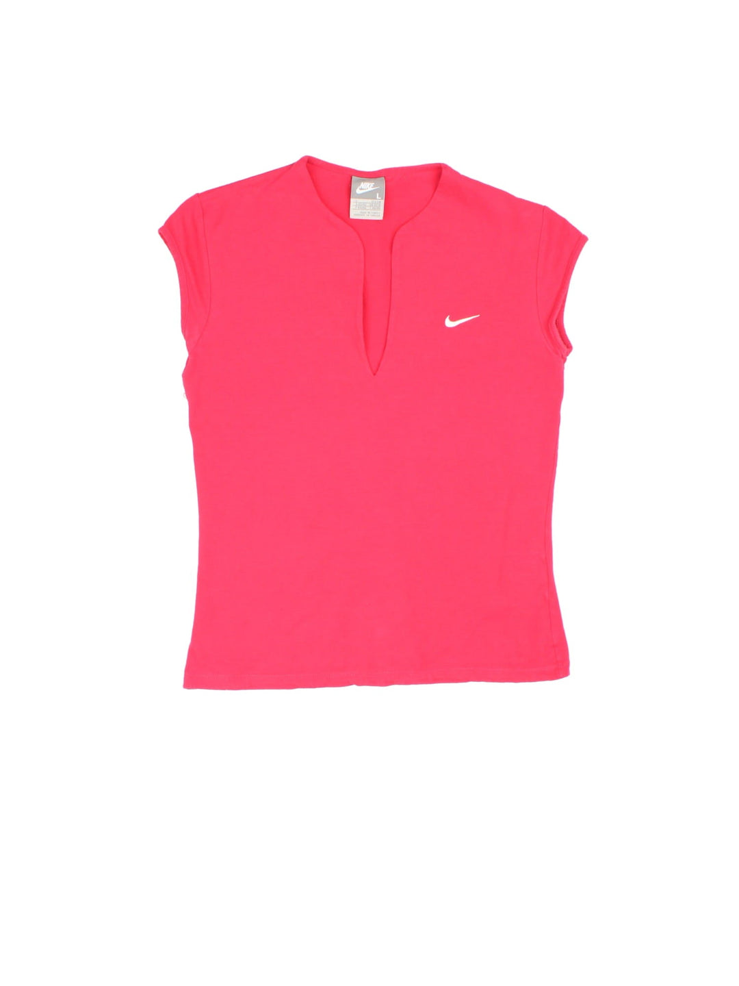 Vintage Y2K Nike T-Shirt in a pink colourway with the Nike logo embroidered on the front. The top has cap sleeves and a low v neck collar. 