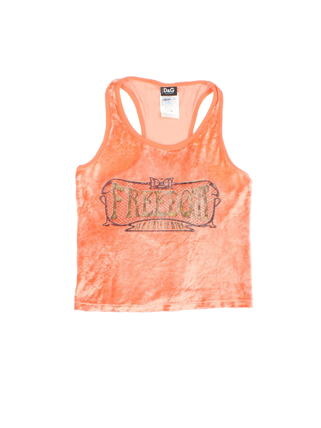 Vintage Dolce & Gabbana Y2K velour vest top in a coral orange colourway. The vest has Freedom is a state of mind printed on the front, and has a racer back shape back.