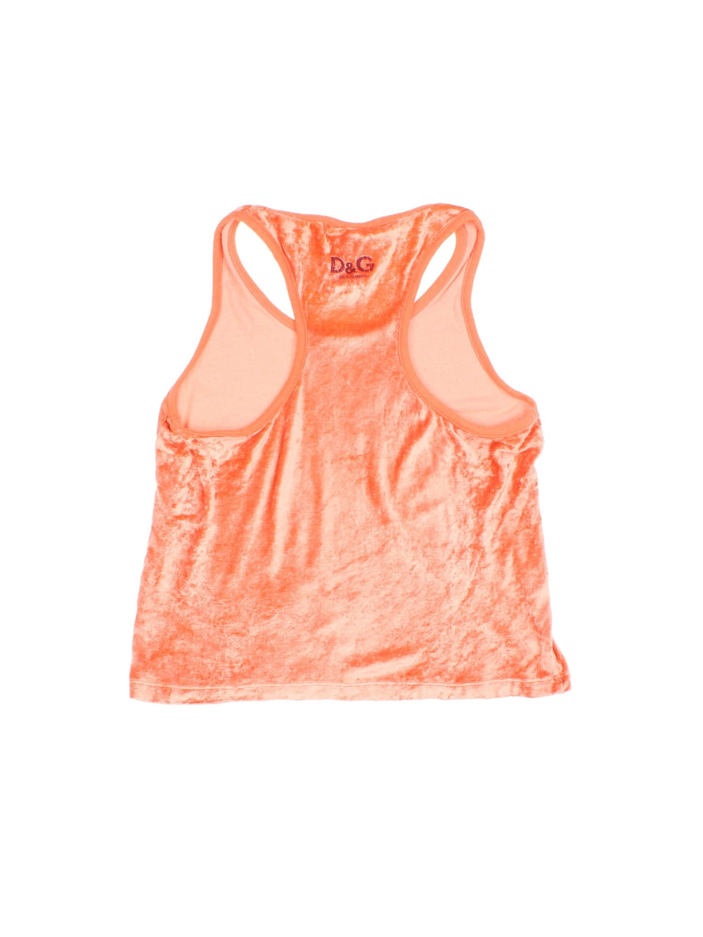 Vintage Dolce & Gabbana Y2K velour vest top in a coral orange colourway. The vest has Freedom is a state of mind printed on the front, and has a racer back shape back.