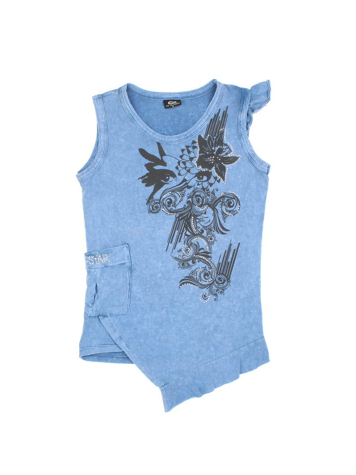 Vintage Y2K G Star vest top in a blue colourway. The vest has a large floral motif on the front, with diamantes a side pocket and a hankerchief hem.