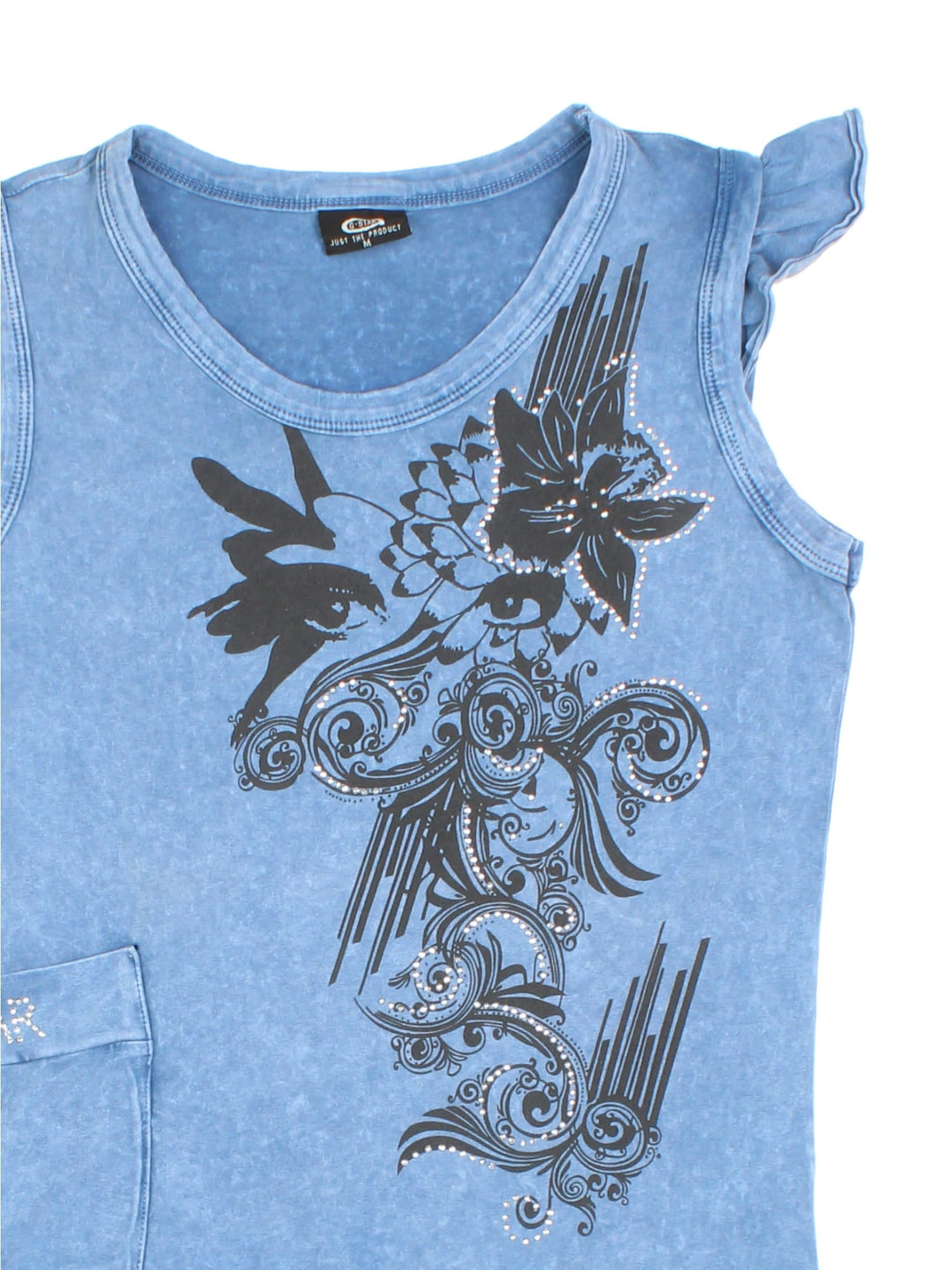 Vintage Y2K G Star vest top in a blue colourway. The vest has a large floral motif on the front, with diamantes a side pocket and a hankerchief hem.