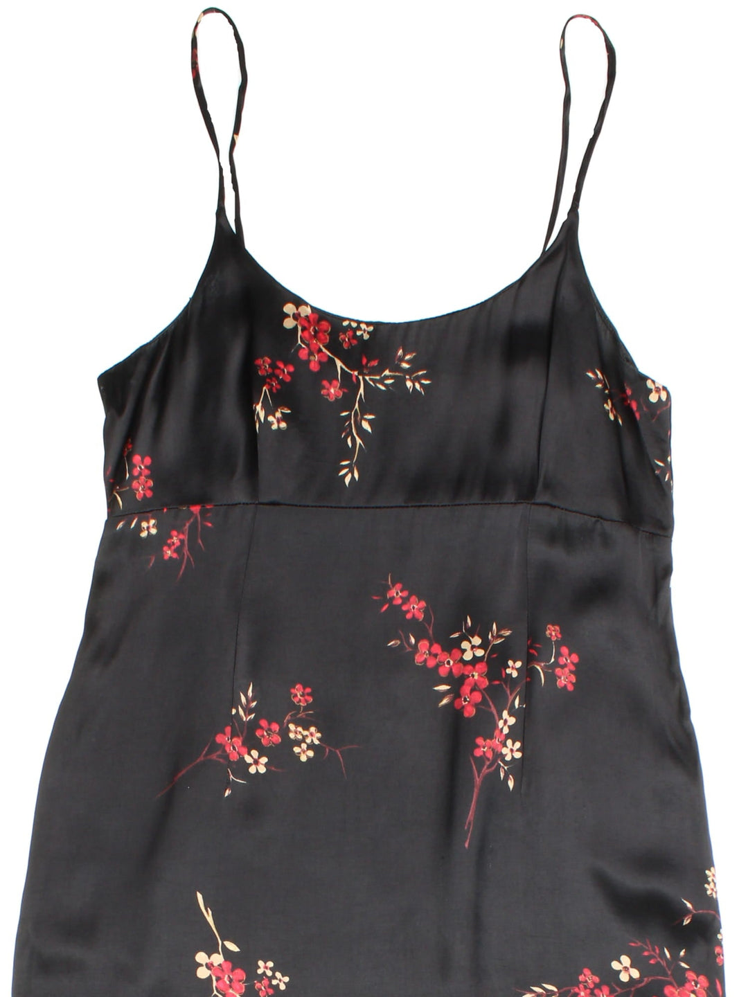 Vintage New Look floral maxi dress in a black colourway with cherry blossom floral print thoughout. The dress has an empire line waist, split up the side and zip on the back to close.