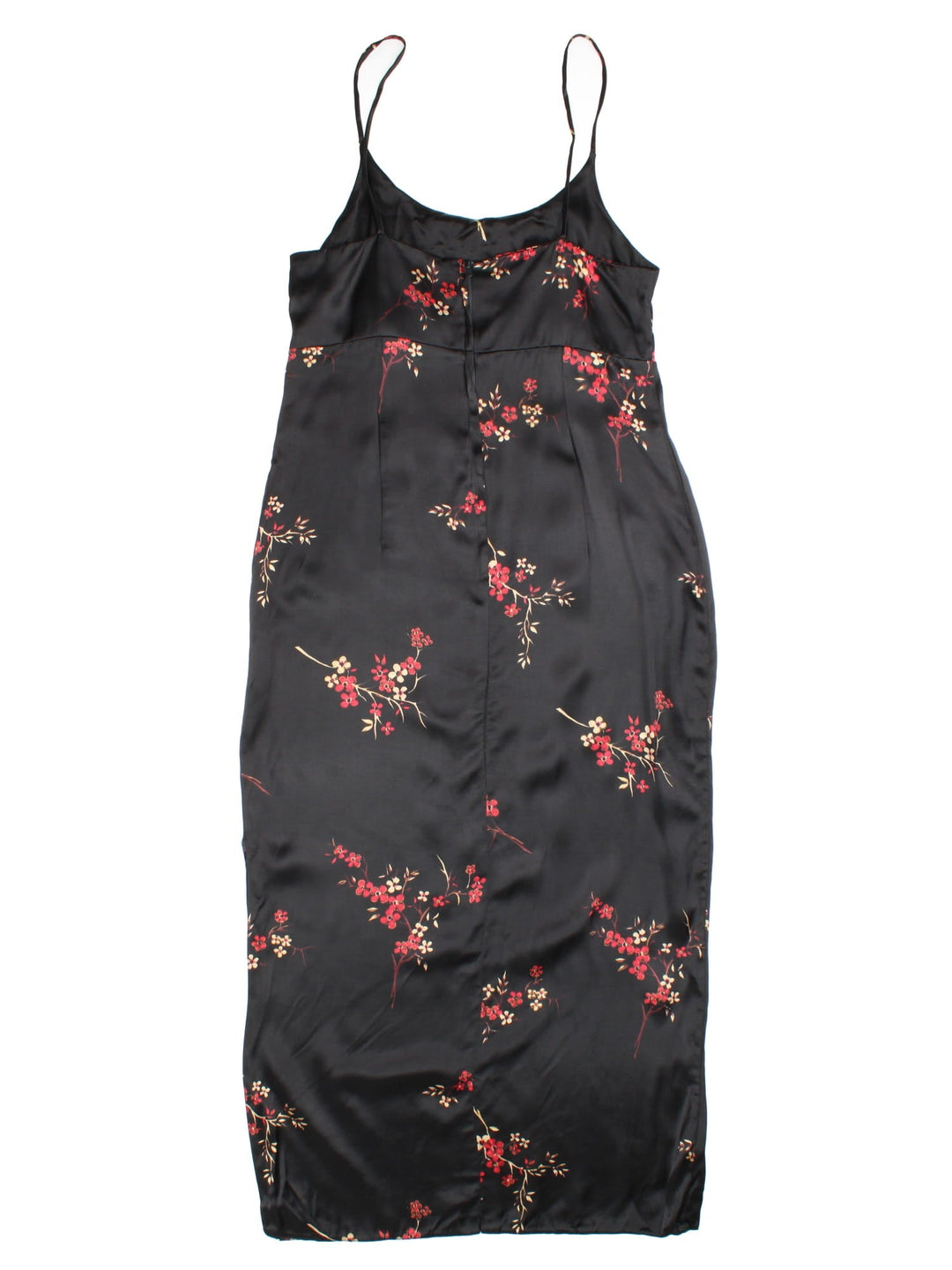 Vintage New Look floral maxi dress in a black colourway with cherry blossom floral print thoughout. The dress has an empire line waist, split up the side and zip on the back to close.