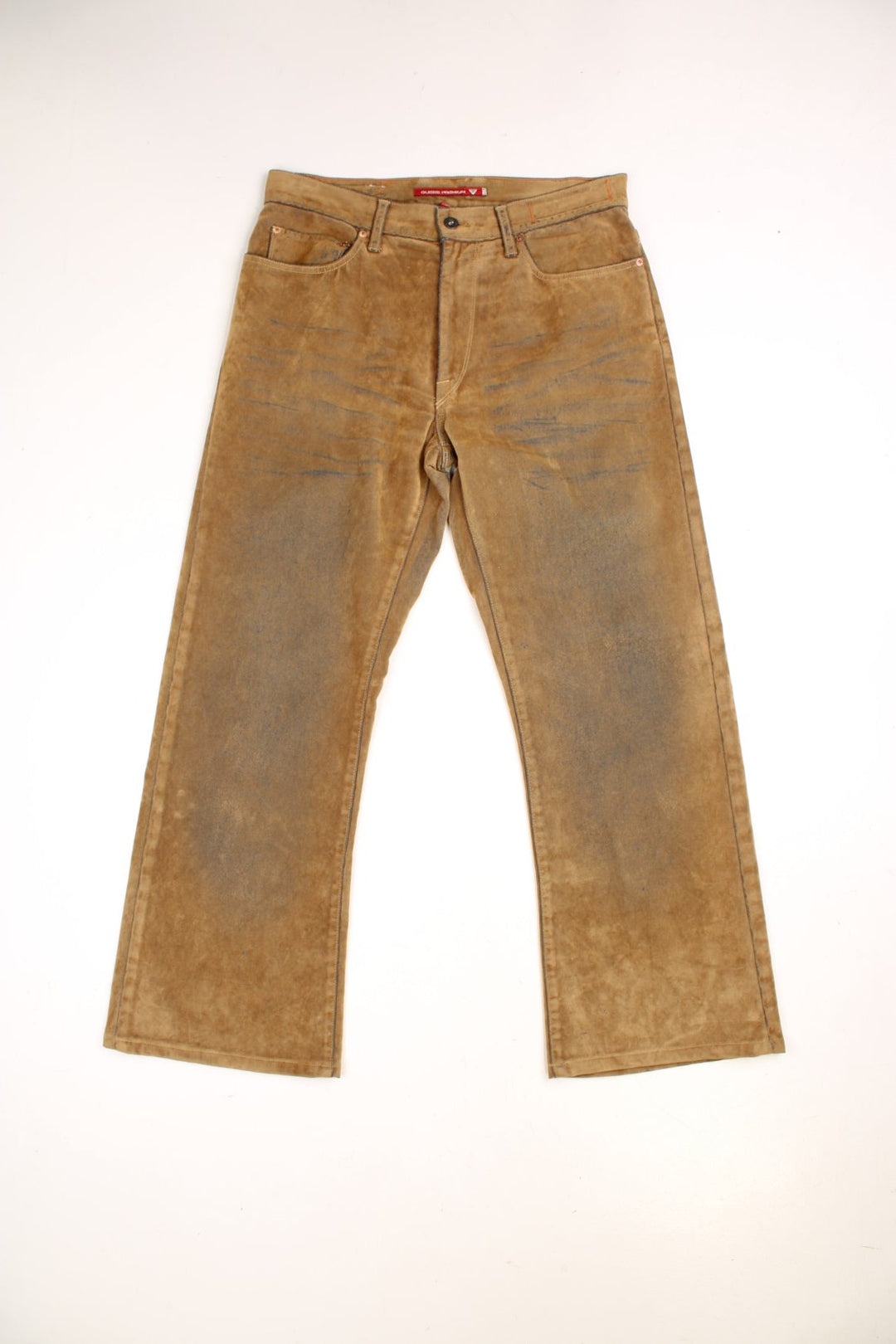 Y2K Guess Distressed Trousers in brown colourway, material similar to suede, has pockets and the logo embroidered on the back.