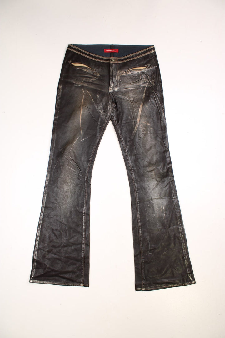 Y2K Miss Sixty Flared Pleather Trousers in brown colourway with pockets, low rise, and has the logo embroidered on the back.