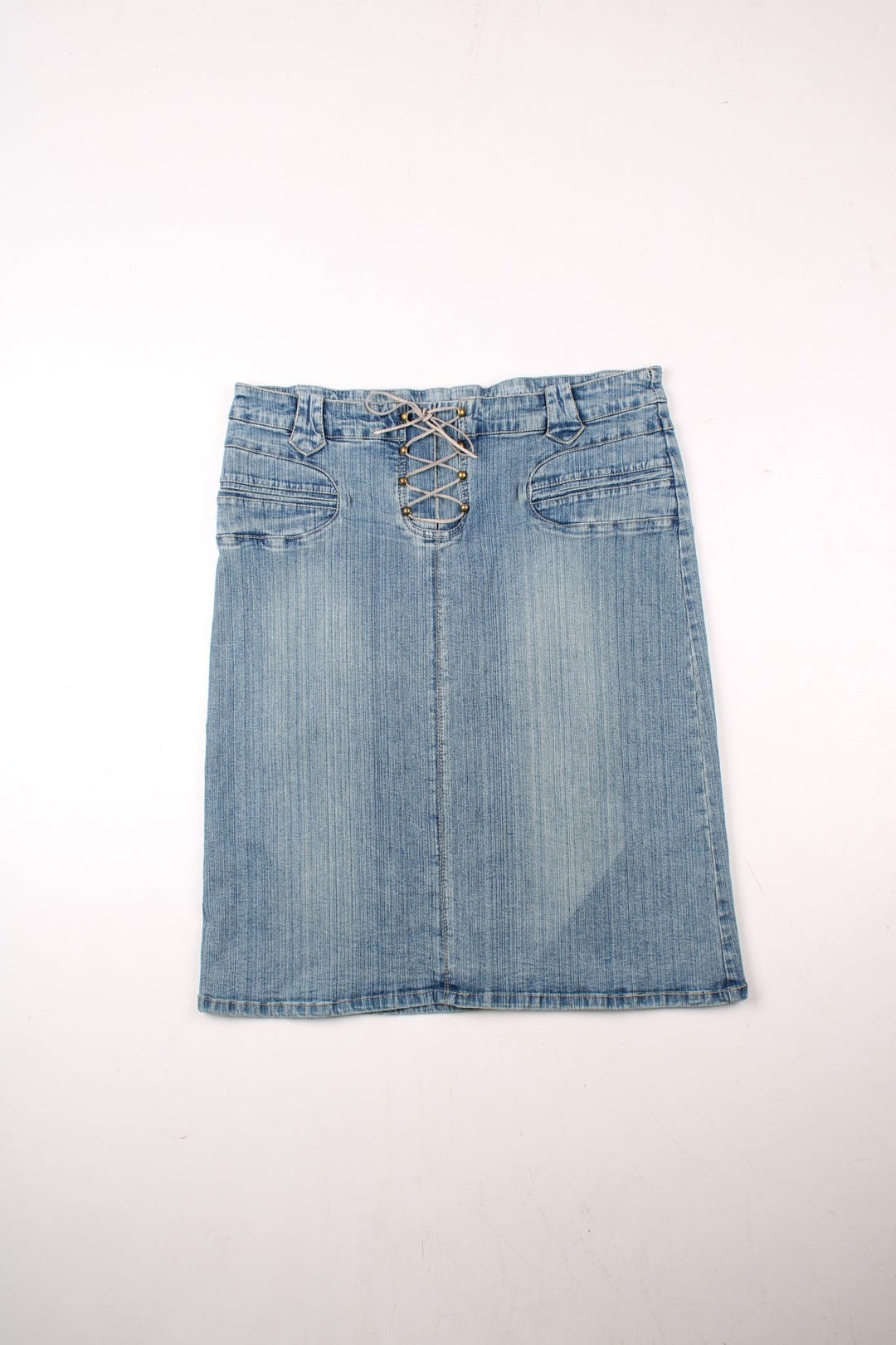 Y2K denim lace-up midi skirt in a light blue wash with belt loops, two pockets, and concealed button closure by Pilot.