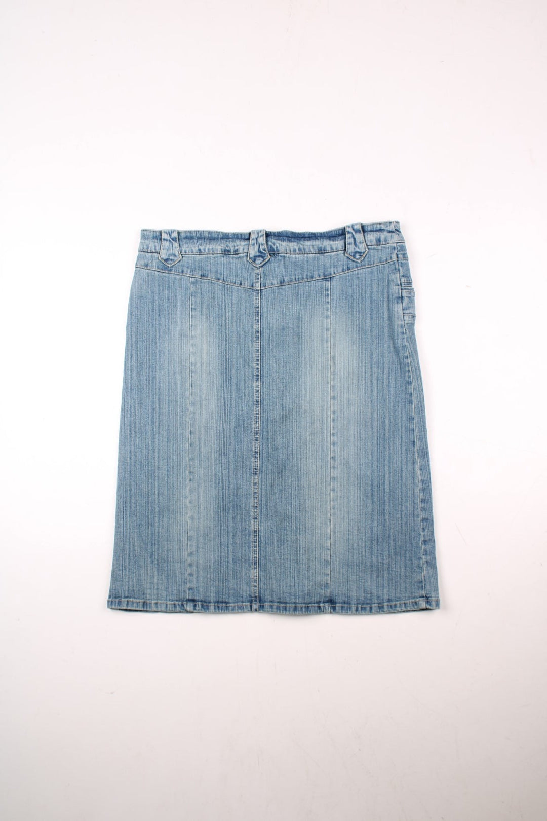 Y2K denim lace-up midi skirt in a light blue wash with belt loops, two pockets, and concealed button closure by Pilot.