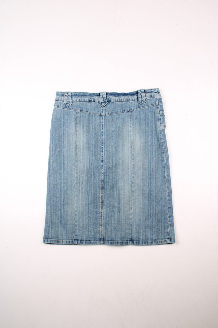 Y2K denim lace-up midi skirt in a light blue wash with belt loops, two pockets, and concealed button closure by Pilot.