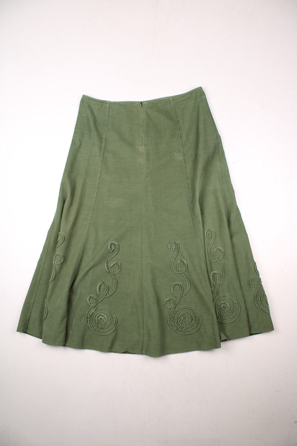 Y2K Marks & Spencer fine corduroy A-line maxi skirt in green with applique swirl designs .