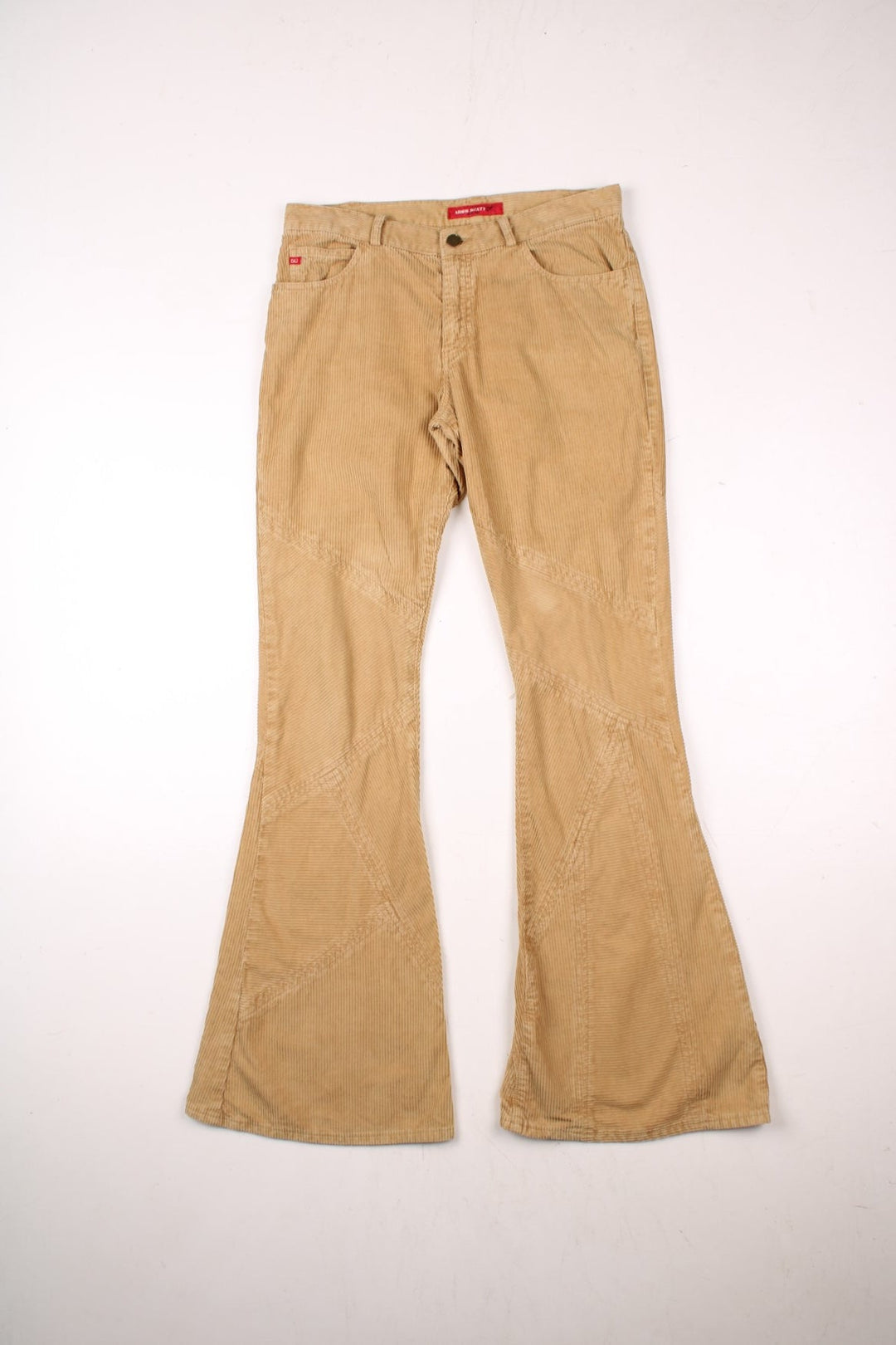 Y2K Miss Sixty panelled corduroy slim-fit flared trousers in tan with four pockets, button closure, and red logo patches front and back.