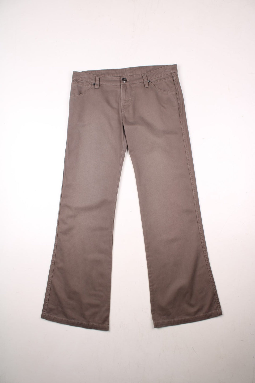 Bench straight leg lightweight trousers in brown with zip and button closure, four pockets, and a distressed embroidered spellout across the back..