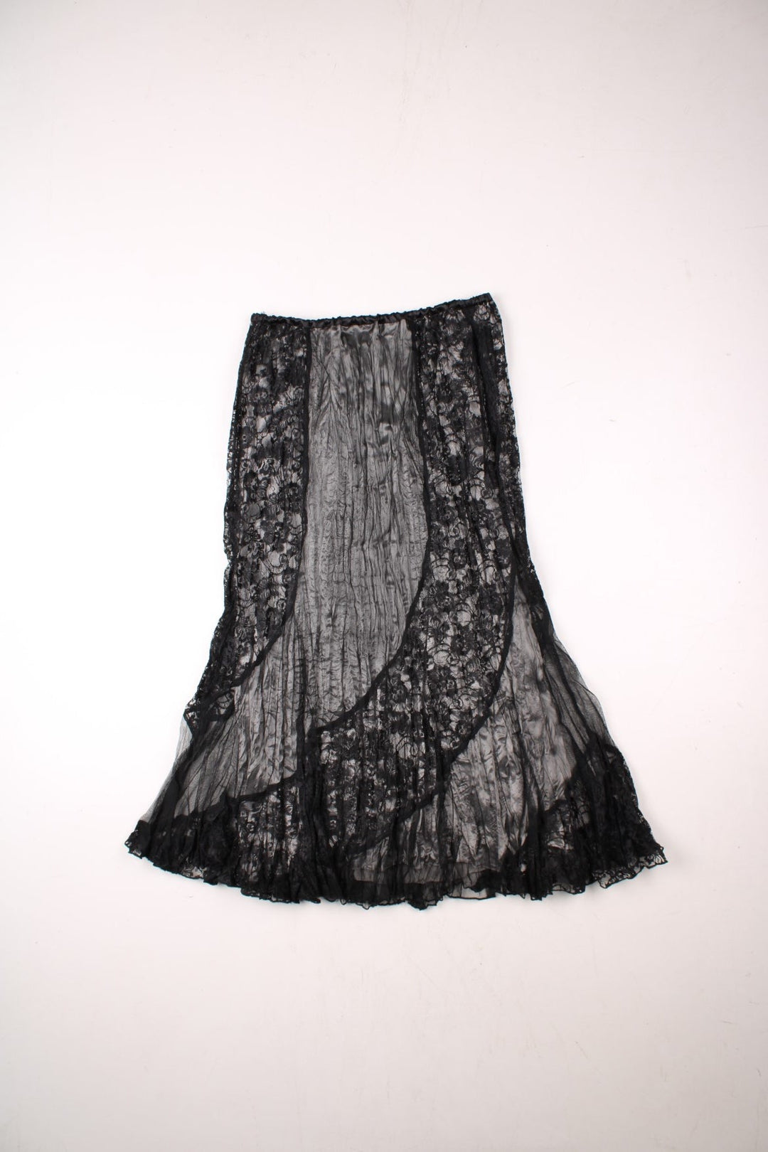 Y2K sheer lace midi skirt in black with a silver accordion pleated underskirt and an elasticated waist by Per Una.