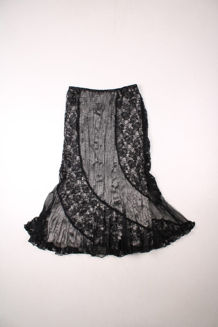 Y2K sheer lace midi skirt in black with a silver accordion pleated underskirt and an elasticated waist by Per Una.