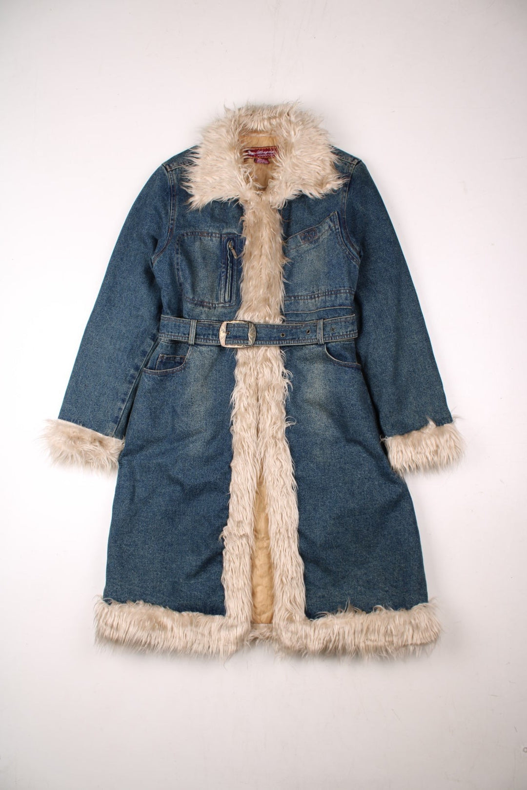 Y2K denim afghan coat in a mid blue wash: quilt lined with faux fur trim, multiple pockets, hook and eye closure, and a belt, by Hongma Fushi.