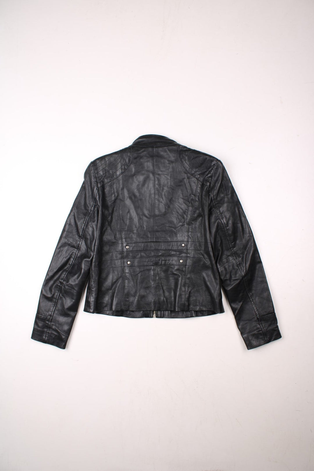 Y2K Aviatrix jacket in black real leather with two pockets, zip and snap closure, and branded hardware.