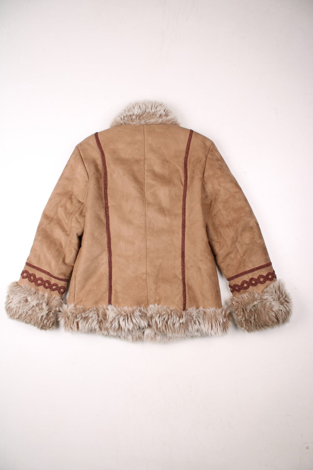 Y2K Fiorelli suede-effect afghan coat in tan with faux fur trim, toggle closure, and red embroidery.