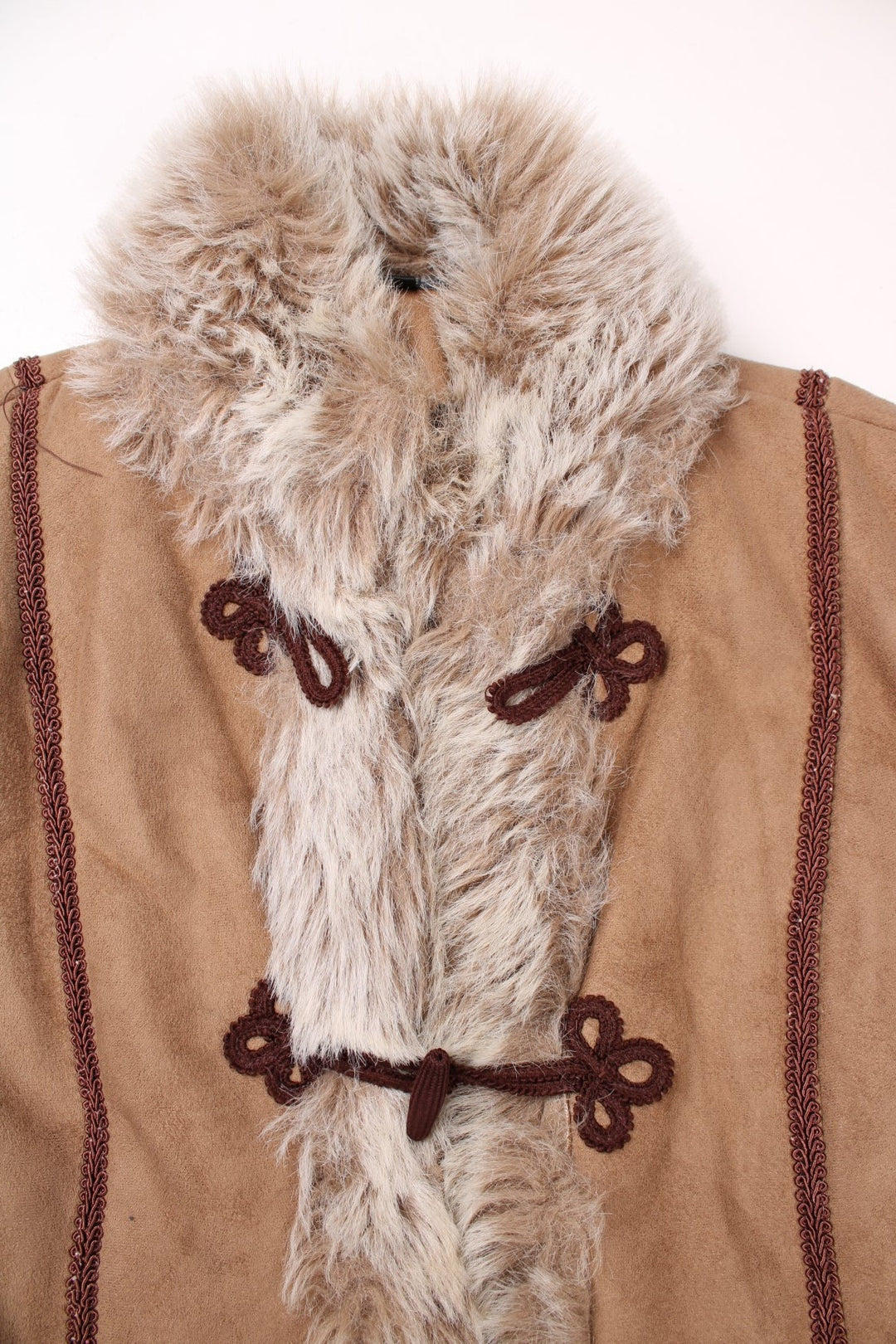 Y2K Fiorelli suede-effect afghan coat in tan with faux fur trim, toggle closure, and red embroidery.