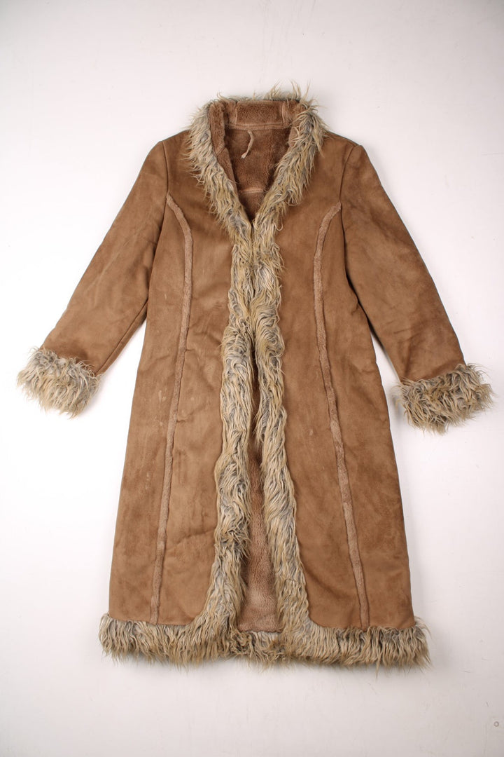 Y2K suede-effect full length afghan coat in tan with faux fur trim, two pockets, and hook and eye closure by Next.